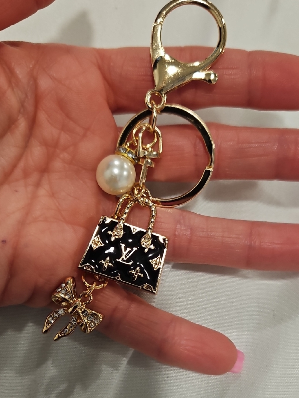 NEW LV Stamped Black Enamel Purse Charm Reimagined On Handmade Bag Charm - Picture 7 of 11